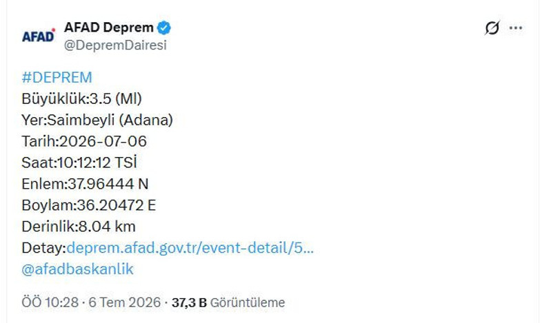 Adana'da 3,5 büyüklüğünde deprem - Resim : 1