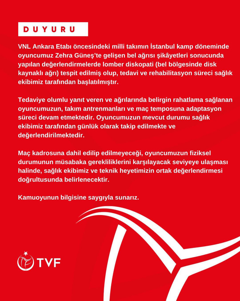 TVF'den Zehra Güneş için sakatlık açıklaması - Resim : 1