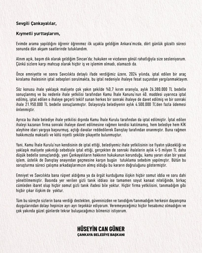 Tutuklanan Çankaya Belediye Başkanı Hüseyin Can Güner'den ilk açıklama - Resim : 1