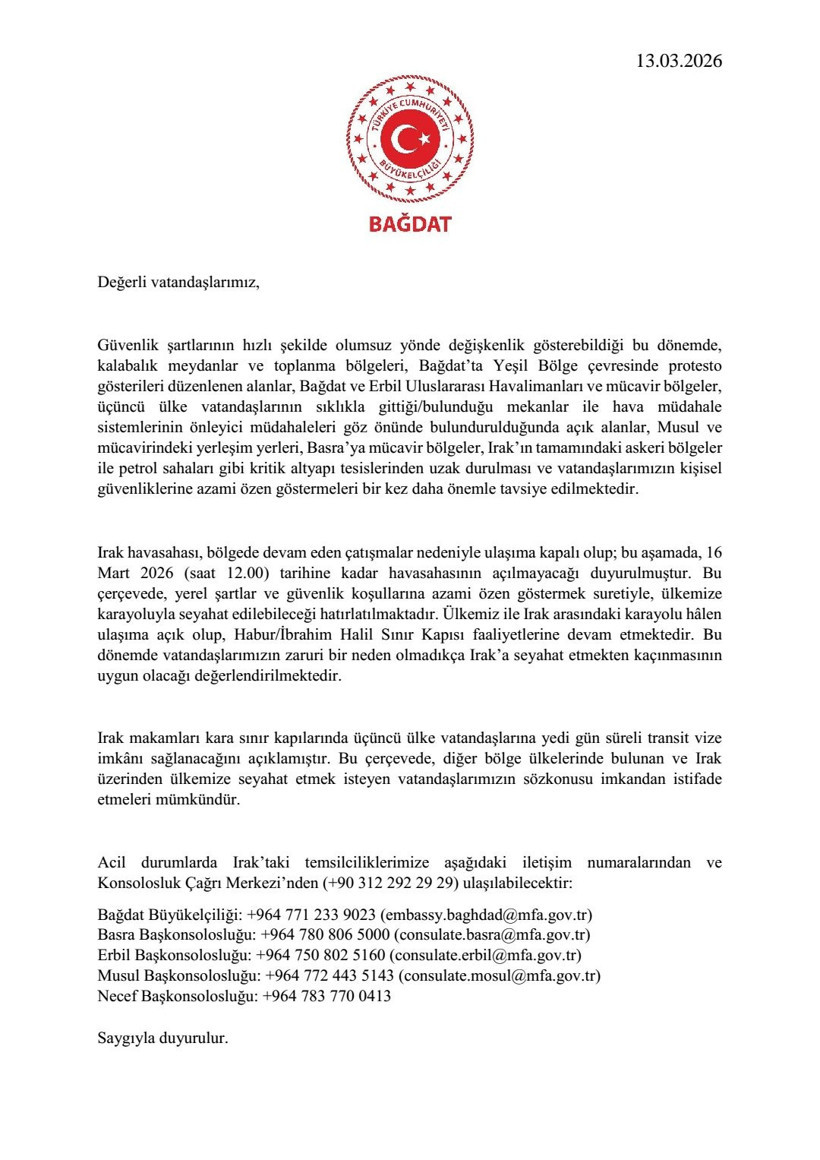 Türkiye Cumhuriyeti Bağdat Büyükelçiliği'nden Türk vatandaşlara uyarı - Resim : 1