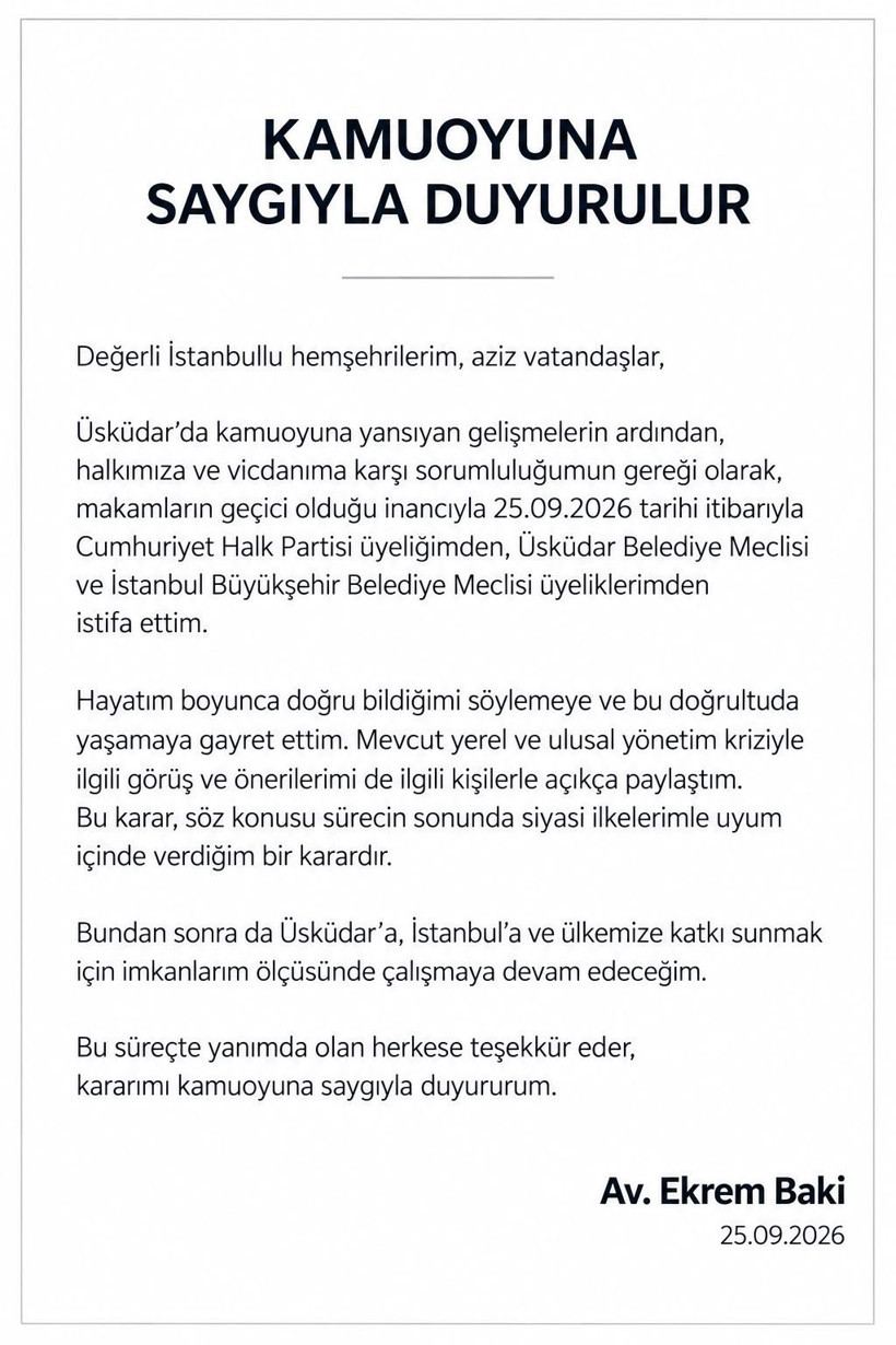 Tahliye sonrası dikkat çeken karar: Ekrem Baki CHP’den ve meclis üyeliklerinden istifa etti - Resim : 1