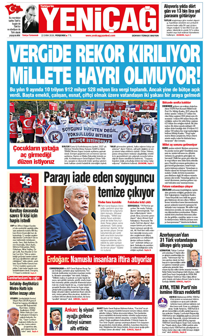 YENİÇAĞ Gazetesi: Vergide rekor kırılıyor millete hayrı olmuyor - Resim : 1