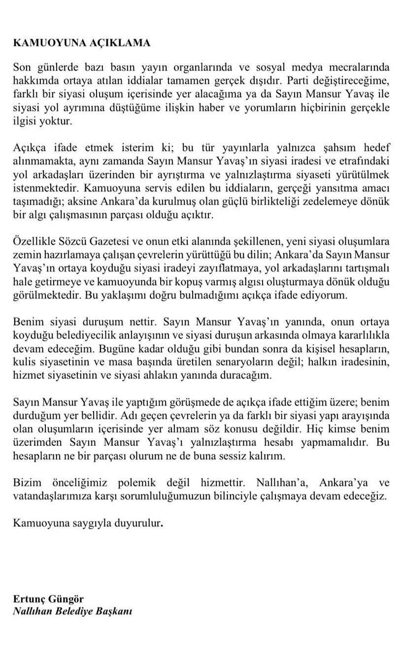 AK Parti'ye geçeceği iddia edilmişti: Nallıhan Belediye Başkanı Ertunç Güngör'den açıklama - Resim : 1