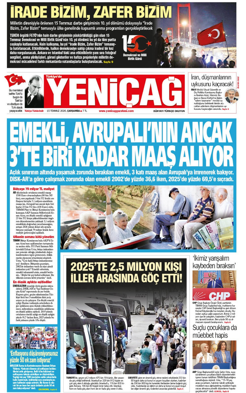 YENİÇAĞ Gazetesi: EMEKLİ, AVRUPALI’NIN ANCAK 3’TE BİRİ KADAR MAAŞ ALIYOR - Resim : 1