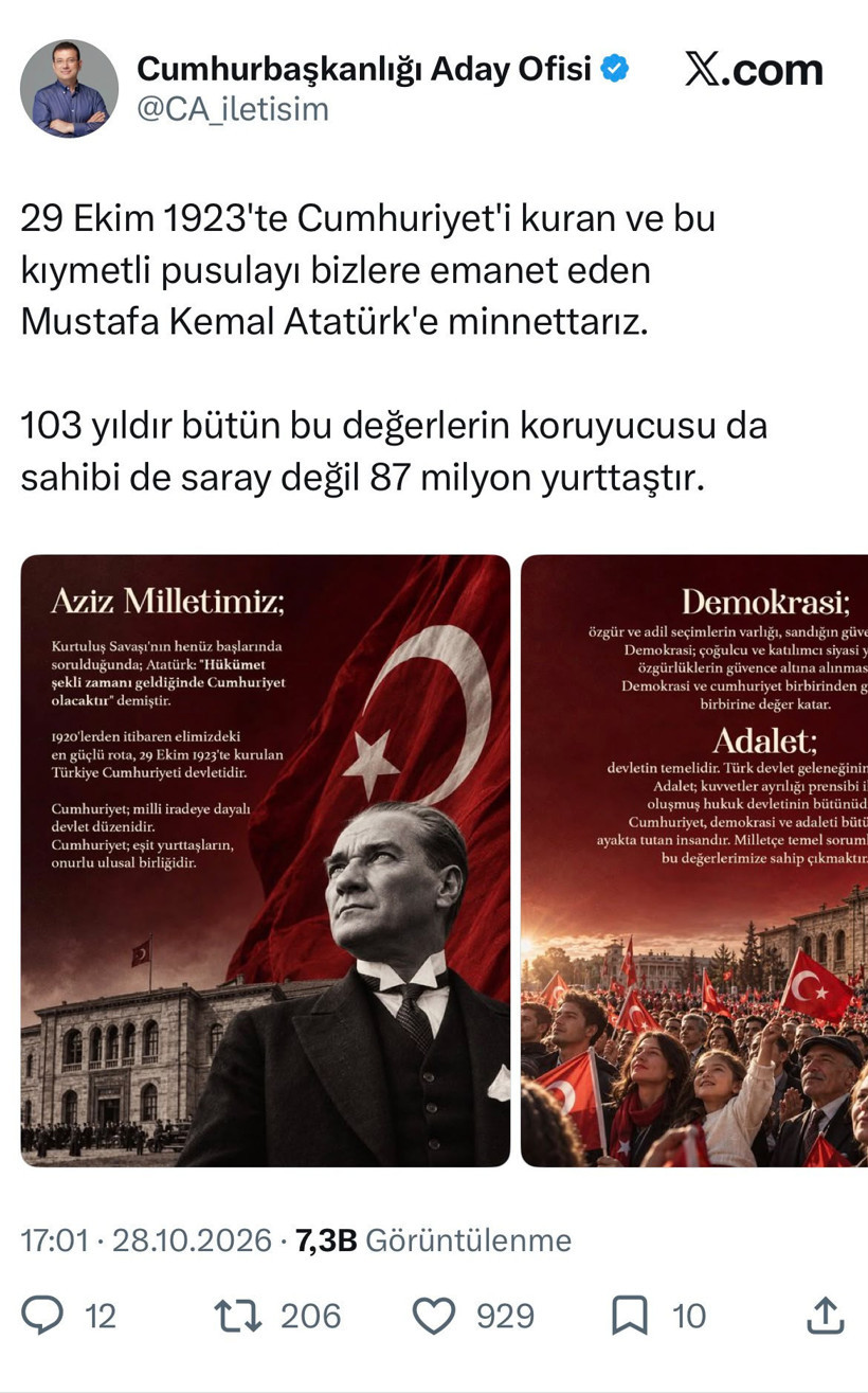 İmamoğlu'ndan 29 Ekim Cumhuriyet Bayramı mesajı: Bu değerlerin sahibi saray değildir - Resim : 1