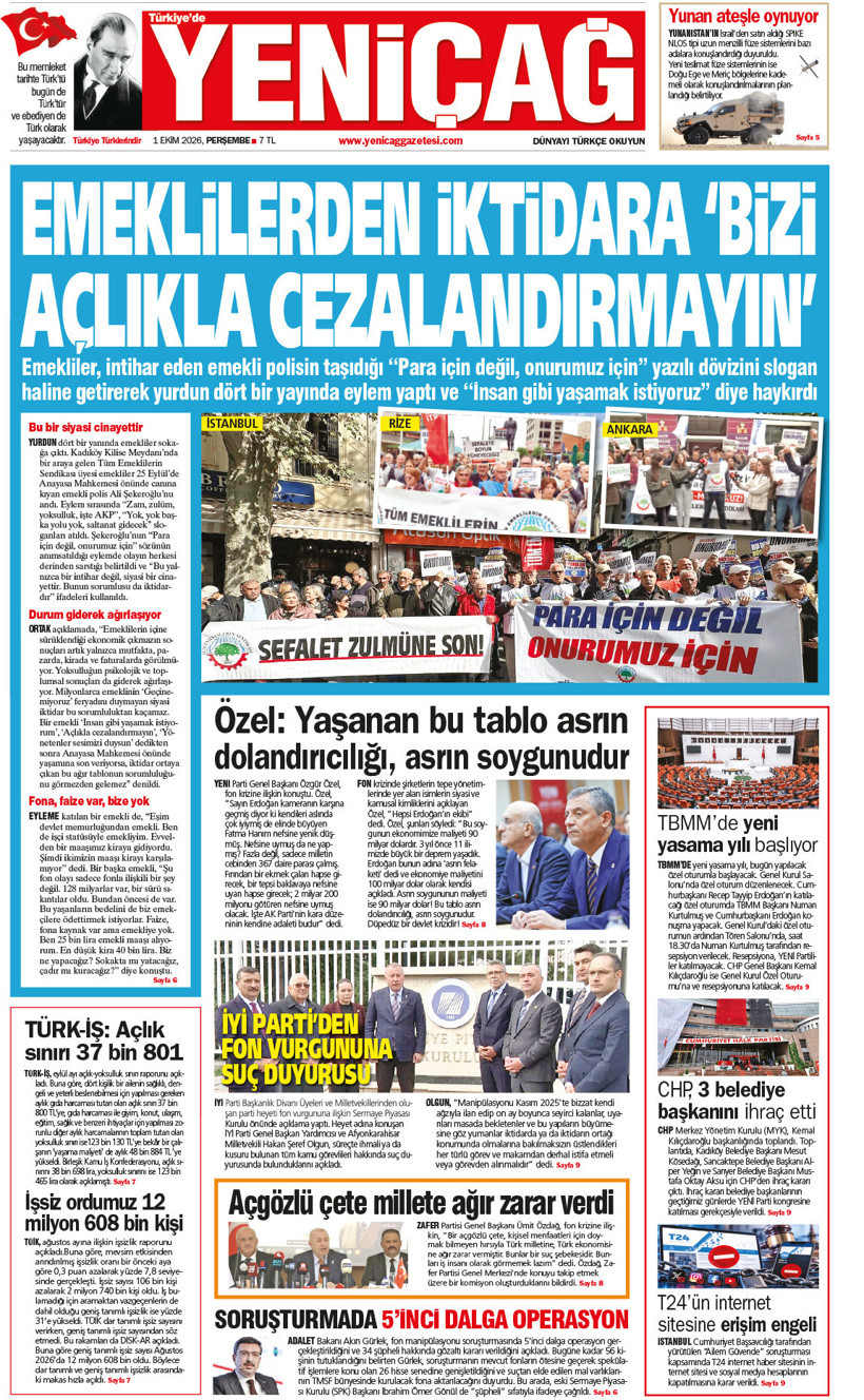 YENİÇAĞ Gazetesi: ‘Emeklilerden iktidara ‘Bizi açlıkla cezalandırmayın’ - Resim : 1