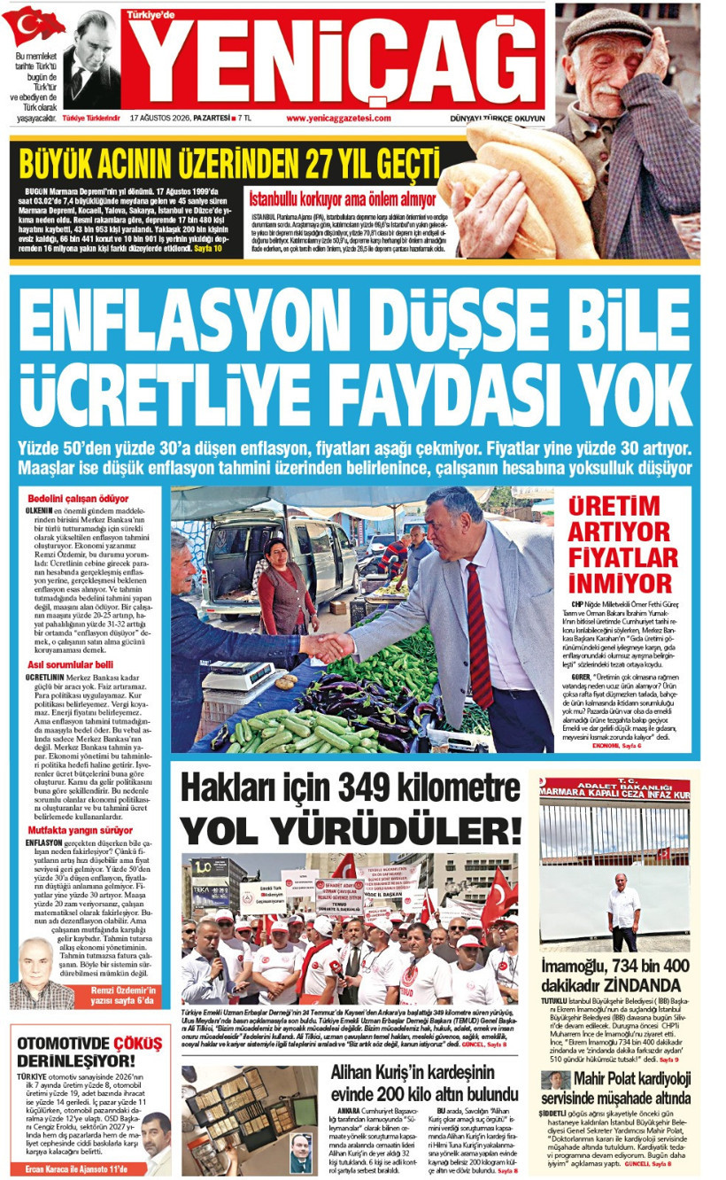YENİÇAĞ Gazetesi: ENFLASYON DÜŞSE BİLE ÜCRETLİYE FAYDASI YOK - Resim : 1