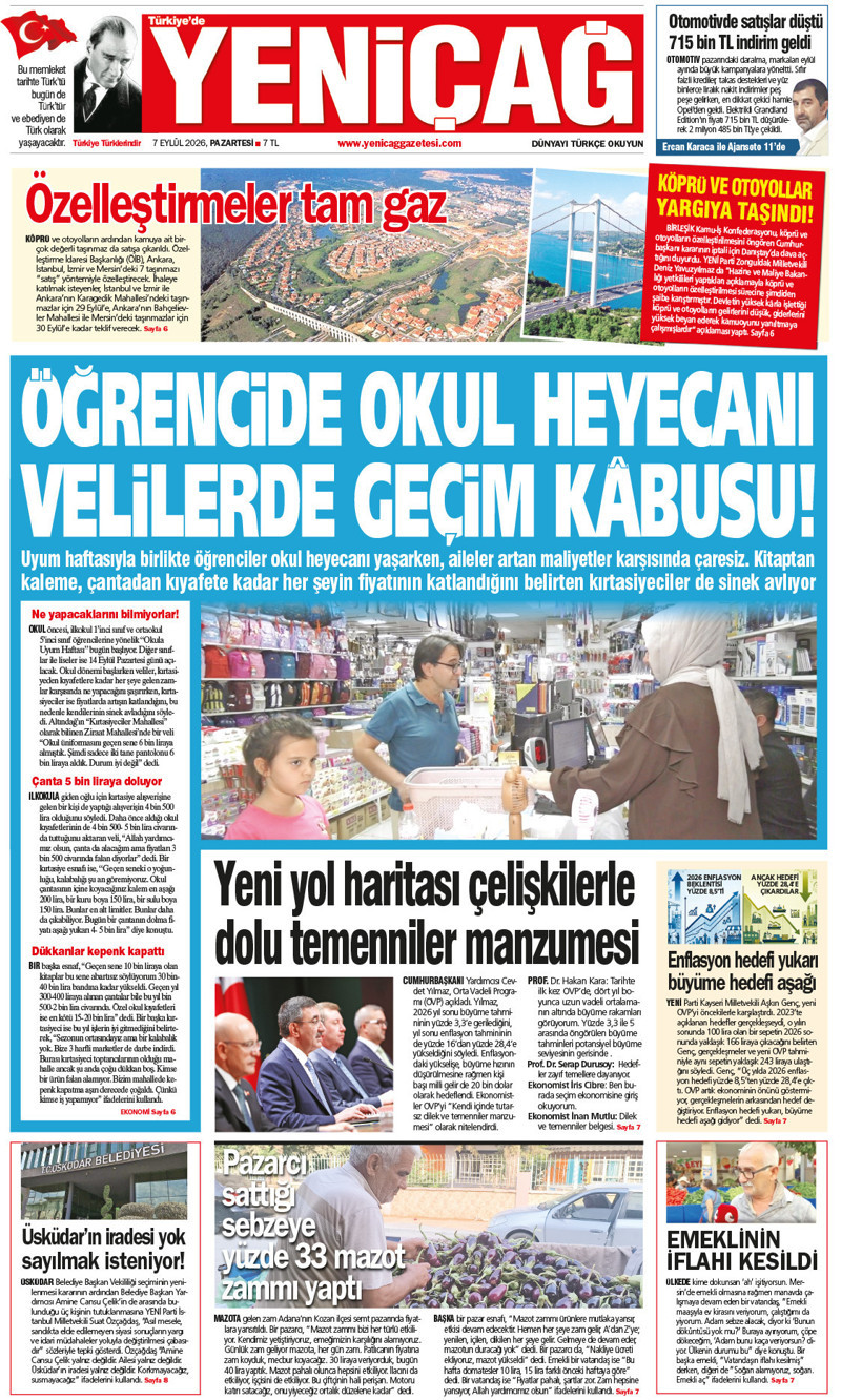 YENİÇAĞ Gazetesi: ÖĞRENCİDE OKUL HEYECANI VELİLERDE GEÇİM KABUSU - Resim : 1