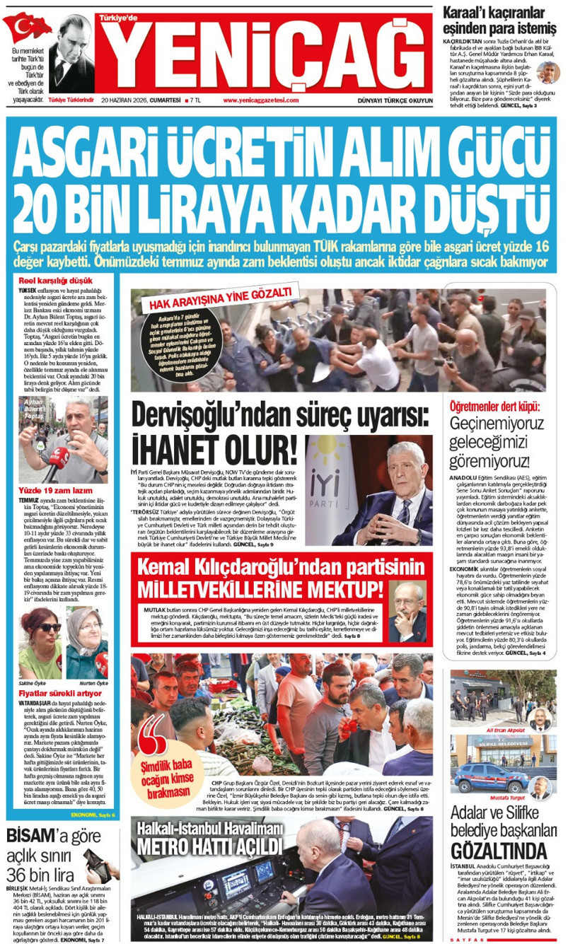 YENİÇAĞ Gazetesi: ASGARİ ÜCRETİN ALIM GÜCÜ 20 BİN LİRAYA KADAR DÜŞTÜ - Resim : 1