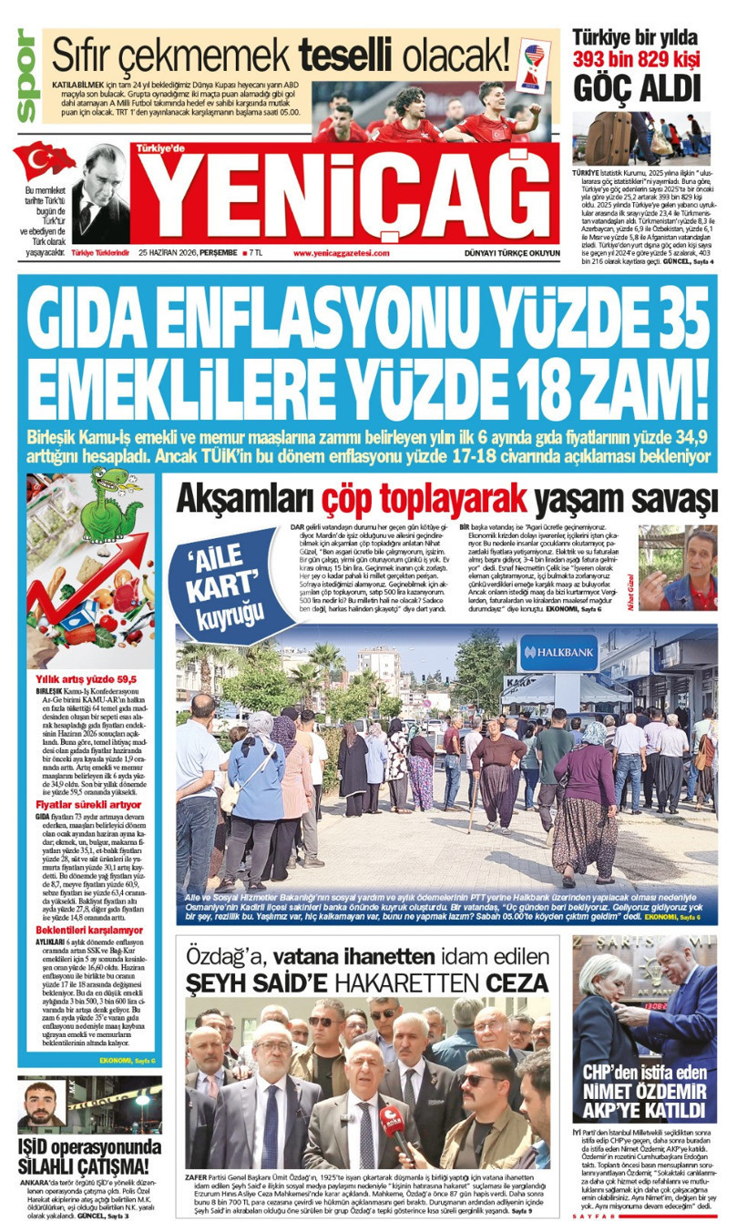 YENİÇAĞ Gazetesi: GIDA ENFLASYONU YÜZDE 35 EMEKLİLERE YÜZDE 18 ZAM! - Resim : 1