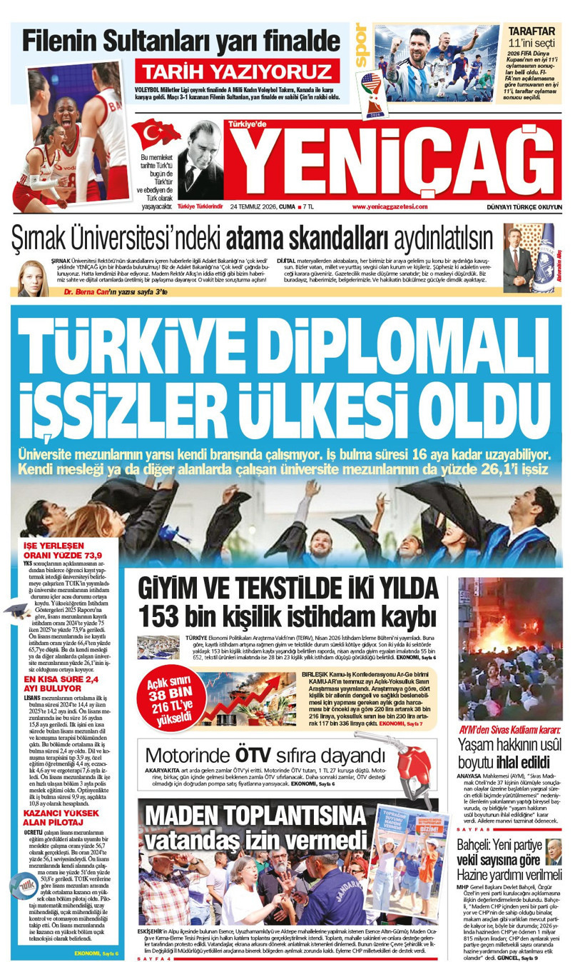 Yeniçağ Gazetesi: 'TÜRKİYE DİPLOMALI İŞSİZLER ÜLKESİ OLDU' - Resim : 1