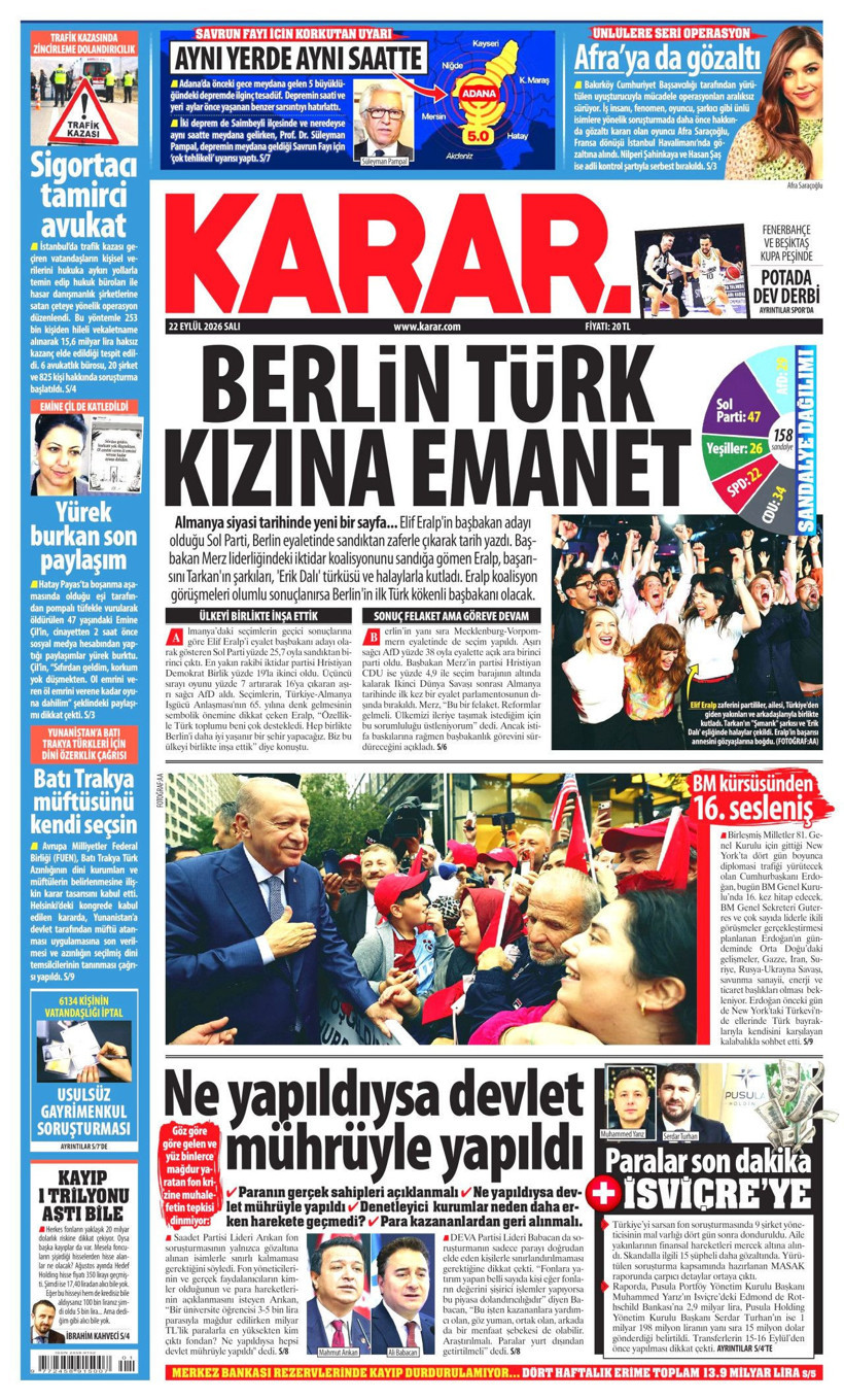 22 Eylül Salı günü: Gazeteler hangi manşetle çıktı? - Resim: 2
