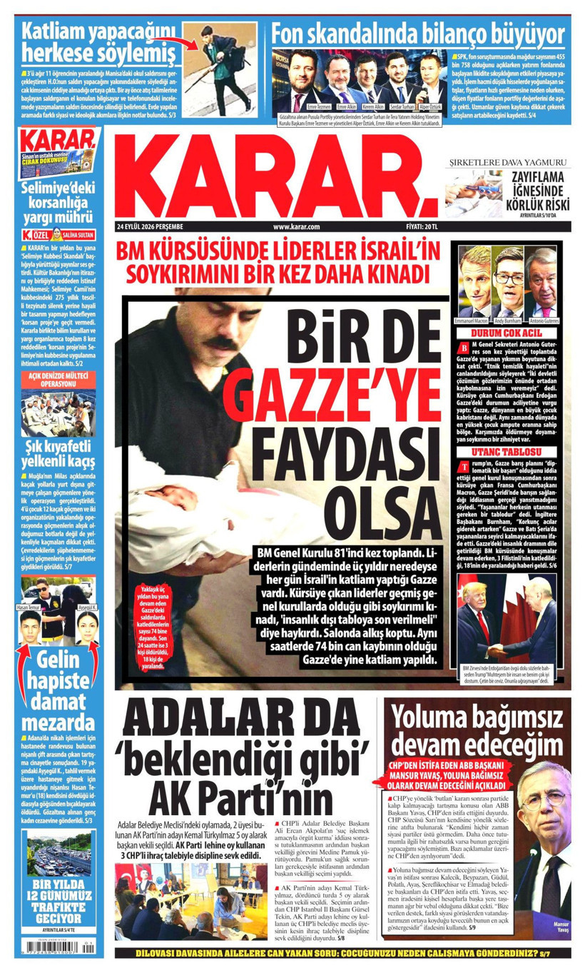 24 Eylül Perşembe günü: Gazeteler hangi manşetle çıktı? - Resim: 2