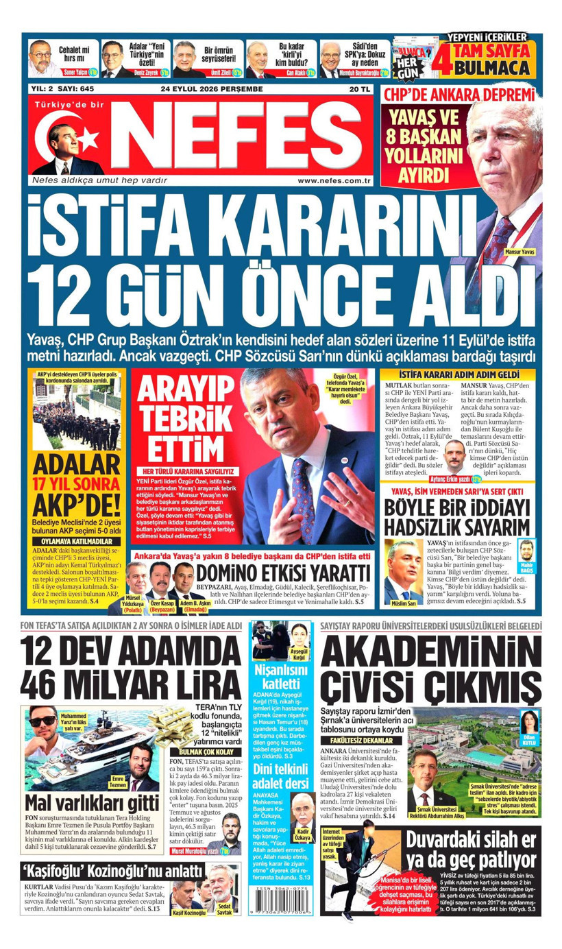 24 Eylül Perşembe günü: Gazeteler hangi manşetle çıktı? - Resim: 5