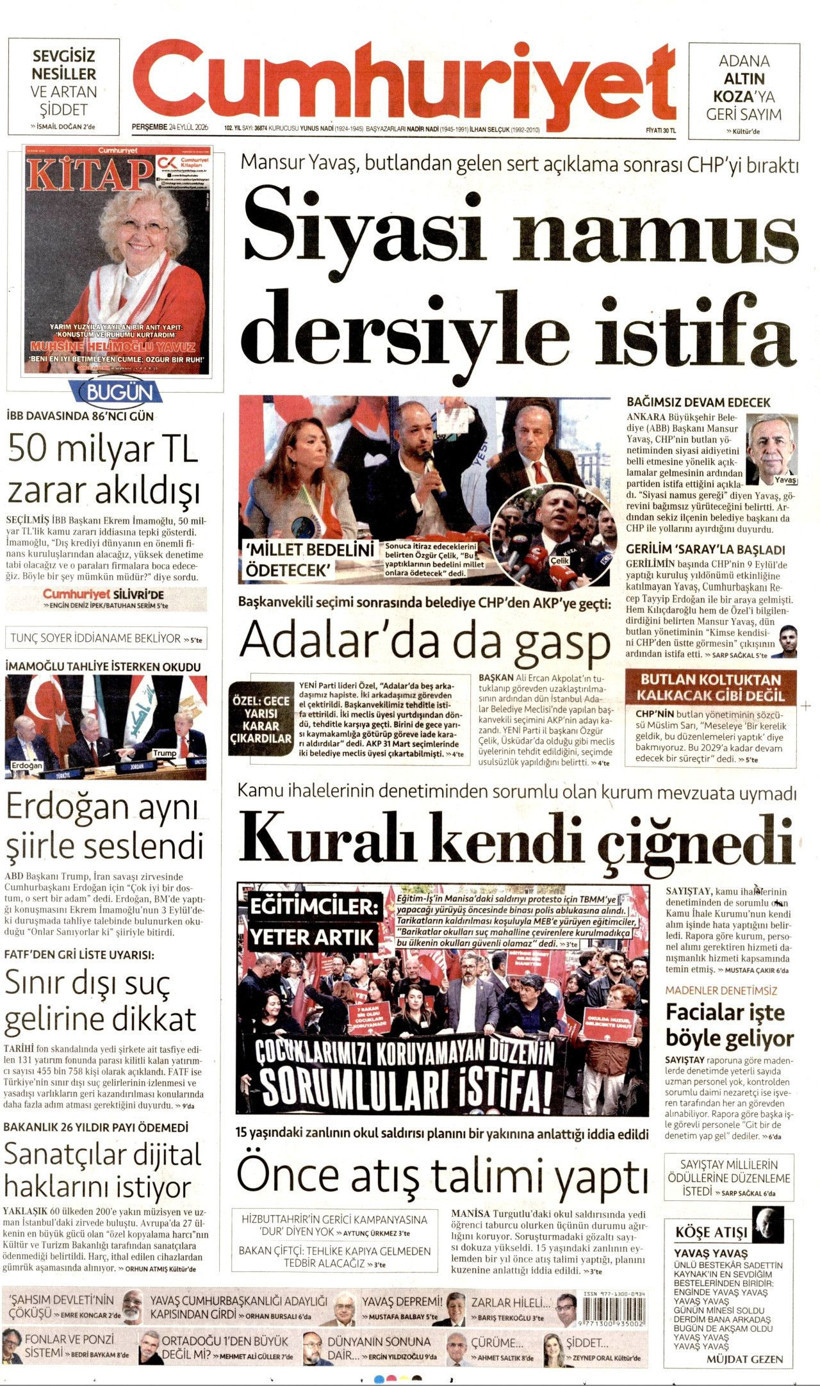24 Eylül Perşembe günü: Gazeteler hangi manşetle çıktı? - Resim: 4