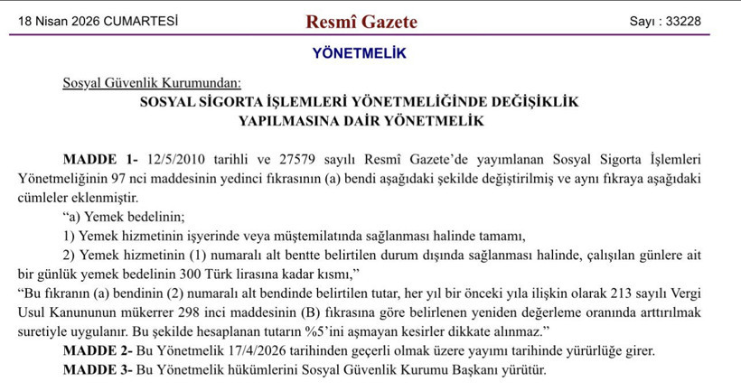 Resmi Gazete’de yayımlandı: Patronun verdiği yemek sigorta priminden düşecek - Resim : 1