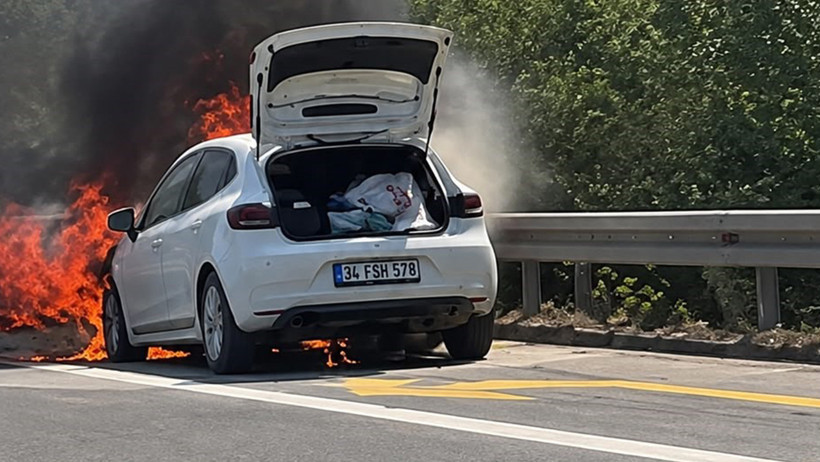Düzce’de otoyolda korkutan yangın: Otomobil küle döndü - Resim : 1