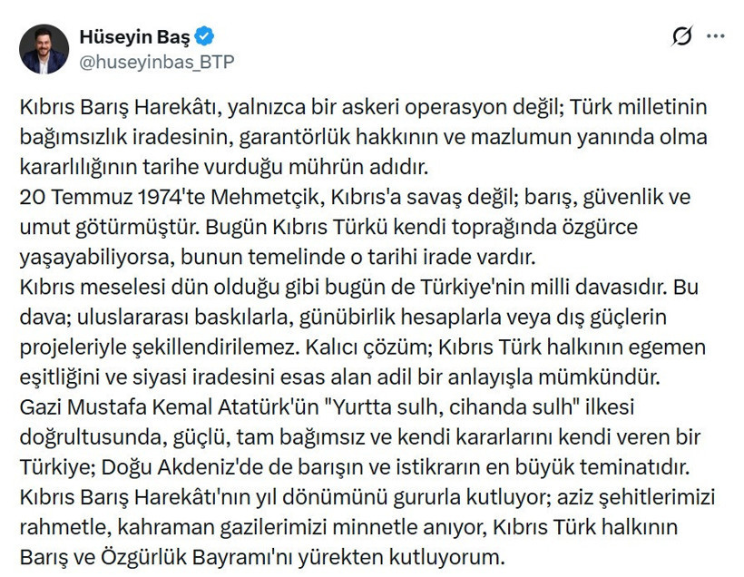 BTP lideri Hüseyin Baş’tan Kıbrıs Barış Harekatı mesajı - Resim : 1
