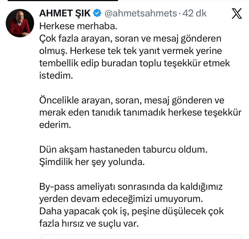Ahmet Şık'ın sağlık durumunda yeni gelişme - Resim : 1