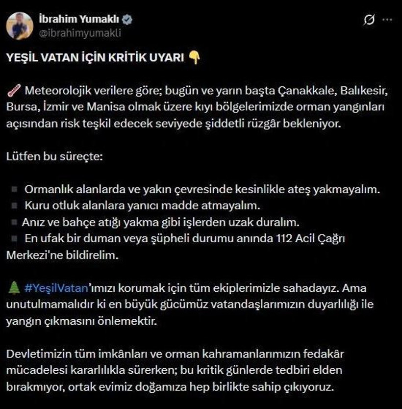 Tarım ve Orman Bakanı İbrahim Yumaklı'dan 5 ile orman yangını uyarısı - Resim : 4
