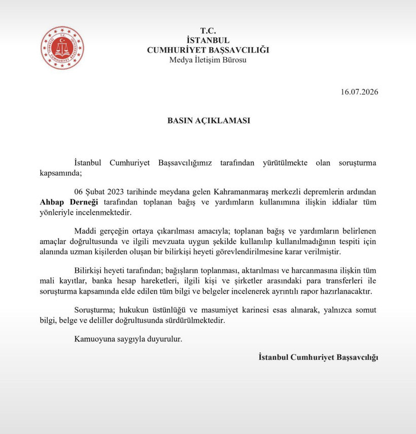 Başsavcılıktan Ahbap Derneği açıklaması: Mali kayıtlar tek tek incelenecek - Resim : 1