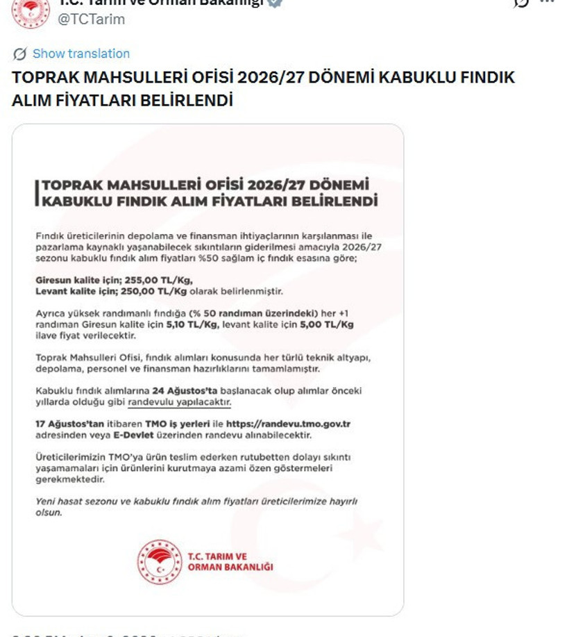 Fındık fiyatları açıklandı: TMO’dan üreticiye ek ödeme sürprizi - Resim : 1