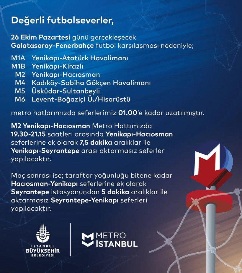 Galatasaray-Fenerbahçe derbisi için metro seferleri uzatıldı - Resim : 1