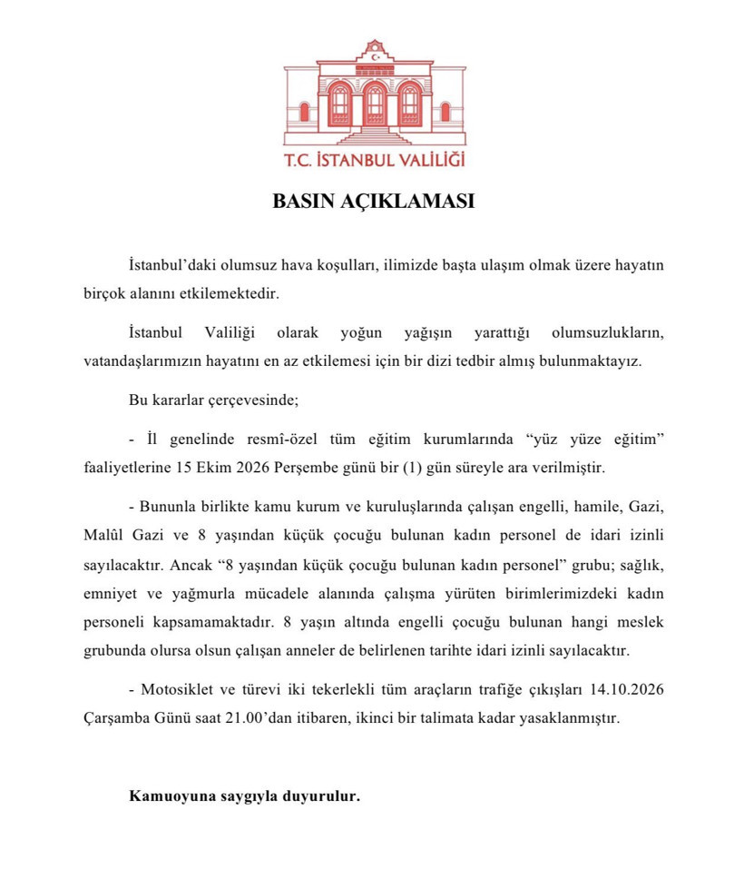 İstanbul'da okullar tatil edildi: Valilik duyurdu - Resim : 1