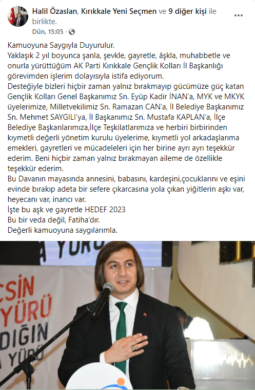 AKP’de şok istifa! Başkan partideki görevinden neden ayrıldığını açıkladı - Resim : 1
