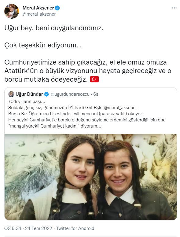 Uğur D&uuml;ndar mangal y&uuml;rekli cumhuriyet kadını diyerek bu fotoğrafı paylaştı. Akşener, s&ouml;z vererek yanıt verdi - Resim : 2