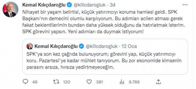 Kılıçdaroğlu’ndan SPK Başkanı'na flaş yanıt. Bu adımları acilen atması gerek diyerek paylaştı - Resim : 2