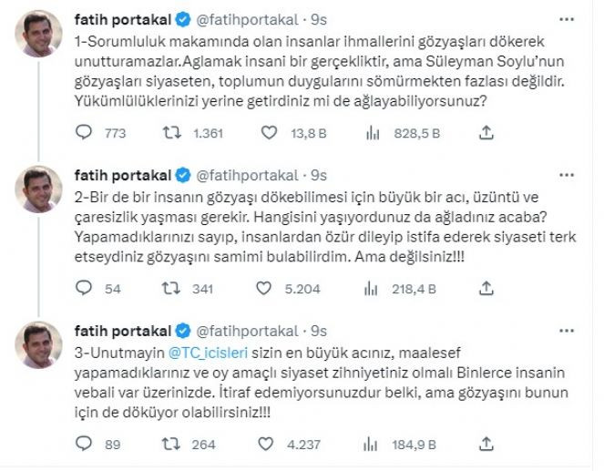 Fatih Portakal Süleyman Soylu'nun gözyaşlarının sahte olduğunu açıkladı - Resim : 1